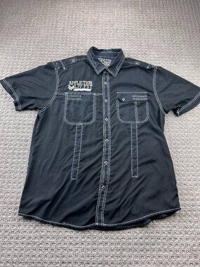 Affliction Black Premium Shirt Men 2XL Button Up Polo Skull Logo Embroidered